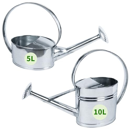 TTL Garden Metall Gießkanne verzinkt 5L + 10L Set - Zinkgießkanne mit Gießbrause abschraubbar - 1x 5 L & 1x 10 L Volumen ovale rostfreie Zink Giesskanne verzinktes Stahl Blech praktisch dekorativ