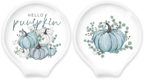 Whaline 2Pcs Fall Spoon Rest Watercolor Blue White Pumpkin Ceramic Spoon Holder Hello Pumpkin Ring Dish for Autumn Thanksgiving Kitchen Office Home Decor
