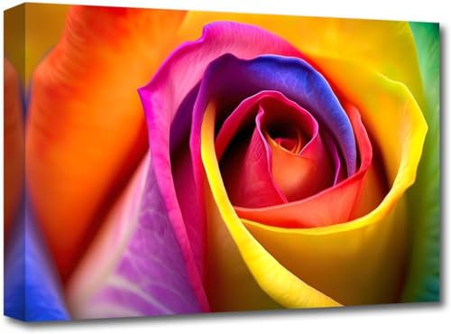 LZIMU Leinwandbild, Motiv: bunte Rosen, Regenbogen-Rose, Wanddekoration, florales blühendes Gemälde, Druck für Badezimmer, Heimdekoration, gerahmt (bunt, 71,1 x 106,7 cm)