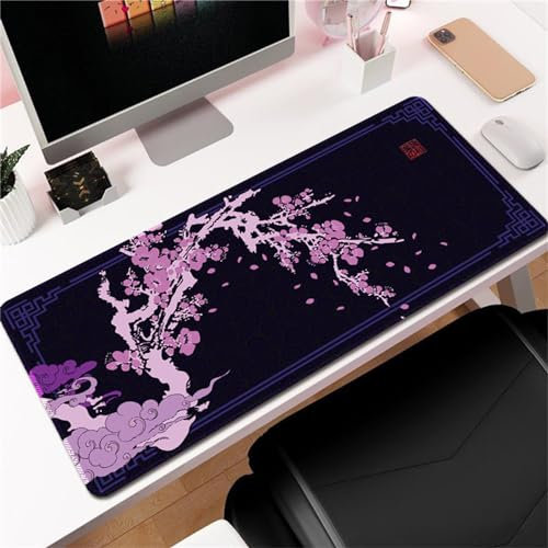 Hixingo Fleur de Prunier du Japon Tapis de Souris XXL, Tapis de Souris Gamer, Tapis Souris avec Bords Cousus, Tapis de Souris en Base Antidérapante Convient Gaming, Maison (800x300x3mm,Violet)