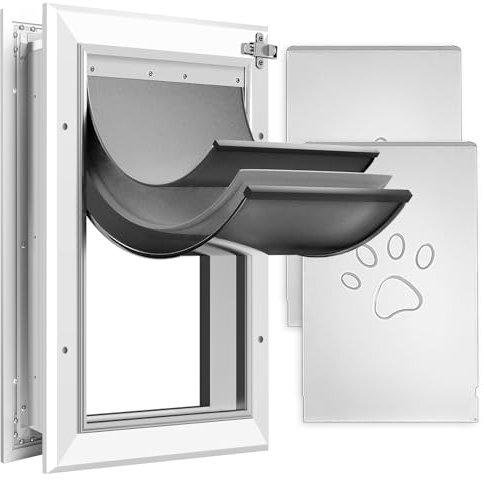 Petoasis 3-Klappen-Hundetür aus Aluminium für extreme Wetterbedingungen, energiesparend und wärmeisolierend, widersteht Regen, Wind und Schnee (Silberweiß, Größe XL für Türmontage)