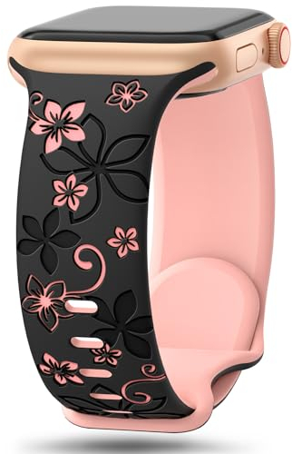 Floral Engraved Straps Compatible with Apple Watch Straps 41mm 40mm 38mm 42mm(Series 10) for Women,Cute Flower Bands Soft Silicone Sport Strap for iWatch Series 10 9 8 7 6 5 4 3 2 1 SE