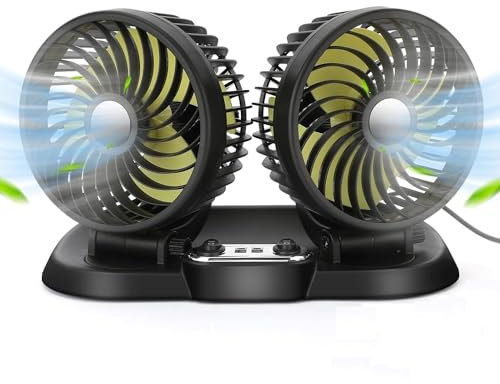 Teramo led Ventilatore Portatile Auto a Doppia Testa da tavolo silenzioso aria fredda con Rotazione di 360 Gradi Attacco USB per Auto, Cruscotto e Ufficio