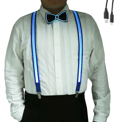 Brejkdo 2 Stück/Set, leuchtende Herren LED Hosenträger und Fliege, Wiederaufladbare Ausgabe der Hosenträger, Perfekt für Musik Festival, Halloween Kostümparty (Blau)