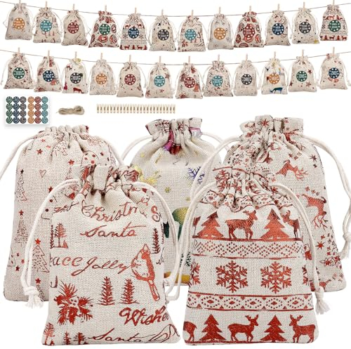 Adventskalender zum Befüllen, 24 Stoffbeutel Adventskalender Selber Befüllen, Adventskalender Säckchen, 2024 Weihnachtskalender zum Befüllen Stoff