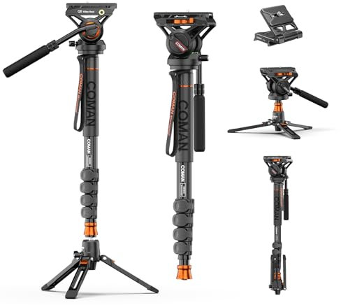 Monopod with Feet, 73.2 inch Professional Camera Monopod Tripod, with New Q6 Fluid Head for DJI RS4 Manfrotto, Aluminum Portable Travel Video Monopod with Removable Tripod Stand Base, Max Load 22 Lbs