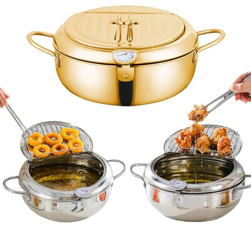 Japanese Deep Fryer Pot - 2.2L/3.4L/4.2L, Japanese Deep Fryer 304 Stainless Steel Frying Pot with Thermometer Gauge and Oil Drip Drainer Rack (Gold,4.2L)