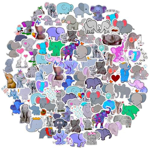 AOZUO 50 Stück Elefant Aufkleber,Elefanten Sticker,Niedliche Sticker Kinder Lustig Tier Wasserdichte Vinyl Tagebuch Kawaii Aufkleber für Scrapbooking Wasserflaschen Computer Gepäck Planer Tagebücher