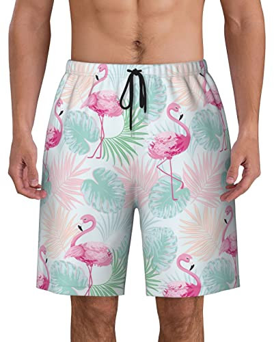 Zdlwaisw Costume da bagno da uomo con foglie di palma fenicottero, ad asciugatura rapida, pantaloncini da spiaggia con tasche foderate in rete, Foglie di palma feni, XXL