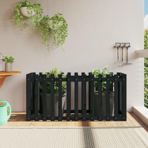Hochbeet aus massivem Kiefernholz mit Zaun-Design, Pflanzenständer, Aufbewahrungsregal für Blumen-Growbox, Outdoor, Hochbeet, Pflanzkasten, 150 x 50 x 70 cm, Schwarz