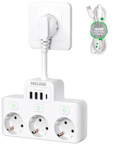 Prise Multiple avec Interrupteur Individuel,7 en 1 USB Multiprises avec 3 Sortie AC,Multiprise Mural avec 3 USB A Et 1 Port USB C,idéal pour Montage Mural,câble Court,Bureau,Voyage
