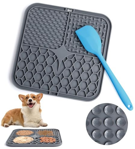 Romon Tappetino Leccare Cane, 20x20cm Cane Pad Leccare con Spatola Silicone, Senza BPA Tappetini Leccare Cani con Ventosa, Licking Mat per Bagno Toelettatura Addestramento Curarlo (Grigio)