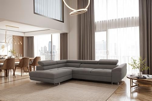 Kaiser Möbel - Ecksofa mit Schlaffunktion - Big Sofa - 275 x 202 cm - Relaxsofa, Verstellbare Kopfstützen, L Form, XXL, mit Bettkasten, Große Liegefläche 125x193 - Falio L Eckcouch Links, Grau