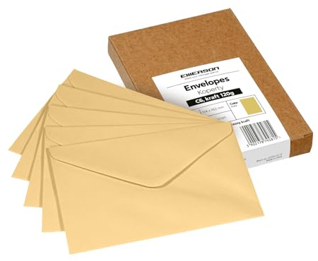 Emerson Briefumschläge postkarten blanko C6 (25 Stück) Kuvert, blanko karten zum selbstgestalten, Grußkarten ohne Fenster, Grußkarten, Hochzeitseinladungskarten - 120g 114x162 mm - Kraftpapier