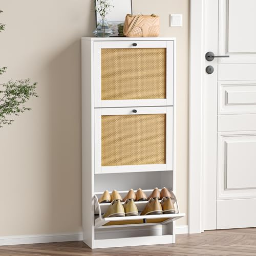 Skokliz Schuhschrank mit 3 Flip-Schubladen, platzsparender Schuhkipper, Schuhregal, Schuhaufbewahrung, für 12-18 Paar Schuhe, Flur möbelund Wohnzimmer,51x22.5x122cm