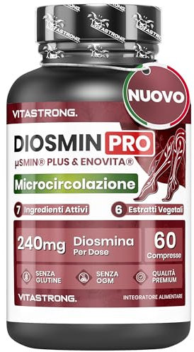 Diosmin PRO Vitastrong Vegan, Complex Diosmina Micronizzata e Flavonoidi, ENOVITA (Vite Rossa Integratore) Centella Asiatica, Ippocastano, Rusco, Lespedeza, Pepe Nero (Piperina Polvere), 60 Compresse