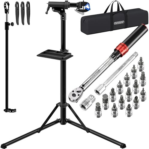 MONZANA® Fahrradmontageständer 50 kg mit Drehmomentschlüssel 1/4 Zoll Set Profi E-Bike klappbar Tragetasche Reifenheber 1-25 Nm Bitset Transportbox