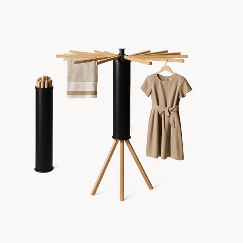 Avoid Wäscheständer platzsparend – Faltbarer Wäschetrockner mit 16 Holzarmen & 48 Hängerplätzen – Moderner Trockenständer für Balkon, Innenbereich oder Waschküche (360° – Schwarz)