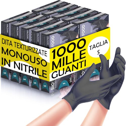 BAKAJI 1000 x Guanti Nitrile Monouso Colore Nero, Senza Polvere e Lattice, Ipoallergenici, Bio Soft, Dita Texturizzate, Adatto all'Uso Medico, Alimentare, Cucina, Casa, Pulizie (S)