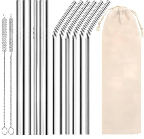 Stainless Steel Straws Set of 12, Reusable Metal Straws with 2 Cleaning Brushes, Eco-Friendly Metal Straws for Drinking, Hot and Cold Drinks, Cocktails (6 Straight & 6 Bent Straws)