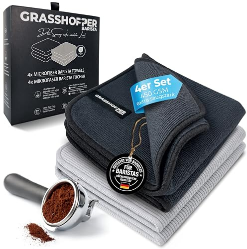 Grasshopper Premium Barista Tücher 4er Set – 30×30 cm Mikrofasertücher (420 GSM) für Siebträgermaschine & Dampflanze – Oeko-Tex zertifiziertes Barista Zubehör, 60 °C Waschbar, Trocknergeeignet
