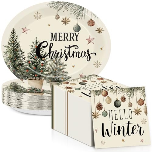 50Pcs Christmas Oval Paper Plates 11inch Merry Christmas Plates and Napkins Xmas Trees Holly Pine Cone Disposable Dinnerware Tray Serve 25 for Winter Xmas Holiday Family Gatherings Party Supplies