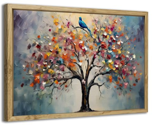 Framed Colourful Tree of Life Wall Art Vintage Floral Tree Wood Canvas Painting 30x40cm Abstract Blossom Flower Canvas Prints Pictures Minimalist Artwork for Living Room Bedroom Office Home Decoration