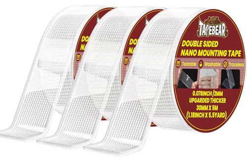 TAPEBEAR 3er Pack Nano-Klebeband, wiederverwendbar & rückstandsfrei - Doppelseitiges Montageband 3cm x 5m stark, waschbar für Bilder, Poster, Teppich, Wand (3 Rollen)