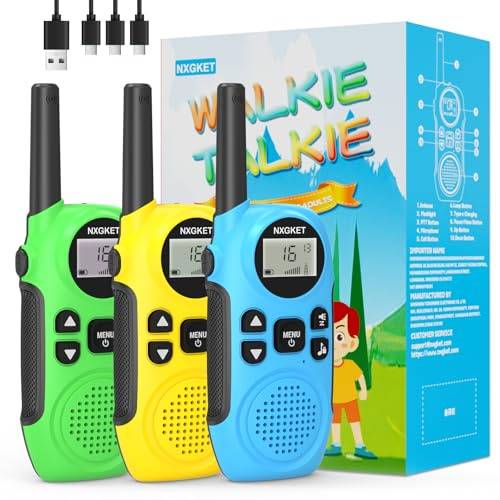 NXGKET Walkie Talkie Kinder 3er Set,Aufladbare PMR446 Funkgerät, 5 km Reichweite,mit 1200mAh Akku, USB-C,16 Kanälen, VOX und Taschenlampe, Geschenk für Jungen und Mädchen 3-12 Jahre