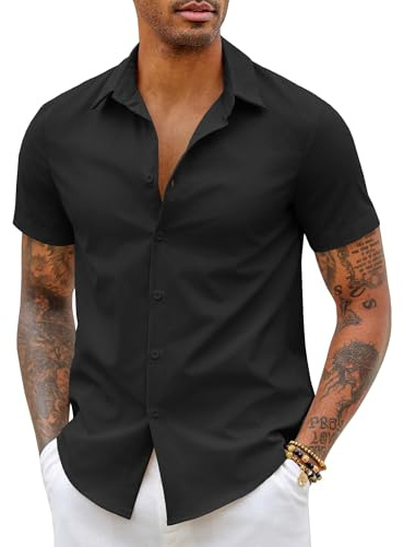COOFANDY Chemise Homme Manches Courtes Coupe Ajustée Style Habillé Décontracté sans Repassage Été Chemises Noir XL