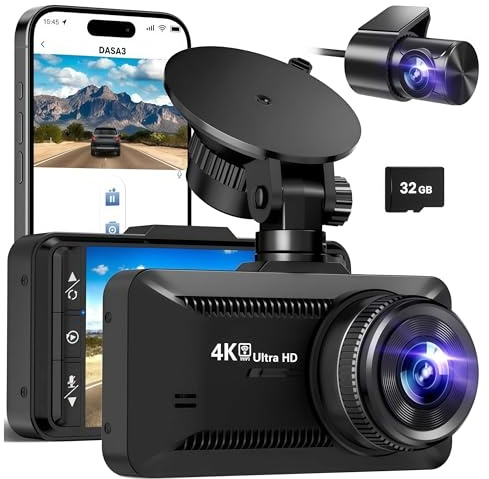 4K Dashcam mit 3,94 Bildschirm/Vorne & hinten/Autokamera mit 170° Weitwinkelansicht/Nachtsicht/Parküberwachung Vorne Und Hinten Mit Parküberwachung Für Unterwegs (Schwarz A,32G)