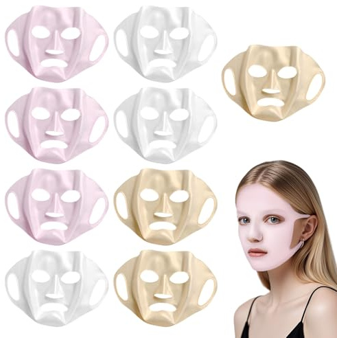 9 Pcs Silicone Mask, 3D Hanging Ear Reusable Silicone Face Mask, Silicones Face Patches for Prevent Evaporation Falling Skincare Beauty Spa (Transparent Foil Gold Pink)