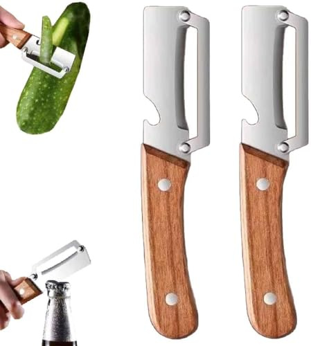 FOUTP Set 2 Pelapatate Cucina Professionale Multifunzione 2 in 1 con Apribottiglie Lame in Acciaio Inox Impugnatura Ergonomica in Legno Sbucciatore per Frutta e Verdura Utensili da Cucina