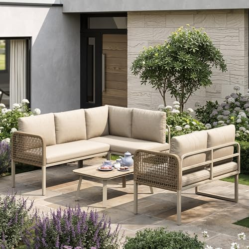 Miyemo Garden Furniture Set, 5-6 Seater Balcony Furniture, Patio Set with Wood-Look Tempered Glass Coffee Table, L-Shaped Outdoor Corner Sofa for Balcony & Terrace, Linen, Beige