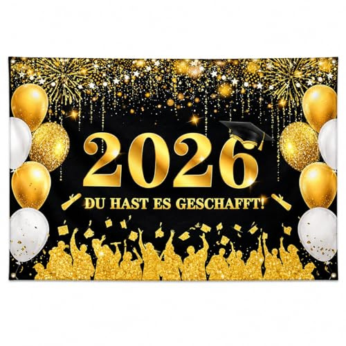 Abschlussbanner 2026, ABI 2026 Deko, Graduation 2026 Deko Schwarz Gold, ABI Banner mit Du hast es geschafft, Abschluss Deko für bestandene Prüfungen, Bachelor und Masterfeiern