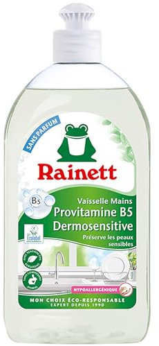 RAINETT - Liquide Vaisselle Mains Dermosensitive - Formule Hypoallergénique - pH Neutre - Préserve les Peaux Sensibles - Flacon Recyclé & Recyclable - Ecolabel - Format Compact - 500 ml