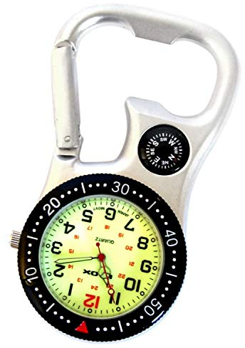 Klox Unisex Pocket Fob Watch White Silver con mosquetón, brújula y abridor de Botellas para médicos Enfermeras Pantalla analógica Movimiento de Cuarzo SC