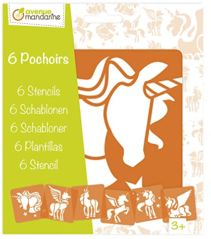 Avenue Mandarine PO006C Set (mit 6 Schablonen, 15 x 15 cm, geeignet für Kinder ab 3 Jahre, für Filz- und Farbstifte, Farben oder Farbbomben, Einhorn) 6er Pack