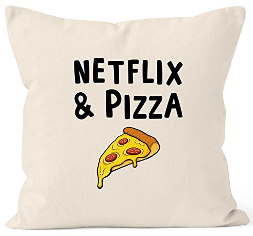 MoonWorks Kissen-Bezug Netflix & Pizza Kissen-Hülle Deko-Kissen Baumwolle Natur Unisize