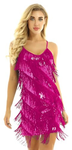 iiniim Robe à Franges Paillettes Femme Col V Robe Courte De Soirée Cocktail Salon Bretelles Robe De Latin Salsa Tango Dancewear Rose Taille Unique