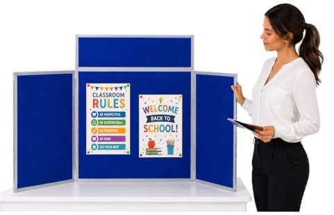 Wonderwall Tabletop Folding 3 Panel Exhibition Display kit, Blue/Grey | Dual sided exhibition kit with header panel to personalise ,Grey Frame & Clip-on Header - For Schools, Exhibitions, Venues