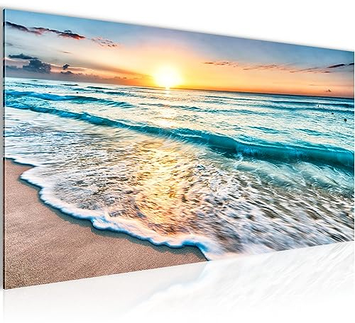Runa Art Wandbild Sonnenuntergang Strand 1 Teilig 100 x 40 cm Modern Bild auf Vlies Leinwand Meer Schlafzimmer Wohnzimmer Beige Blau 023712a