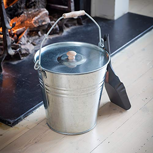 CKB LTD Fire Side Storage Bucket with Removable Lid - Universal Fireside Holder For Kindling Log Coal Storage Skuttle Bucket Ash-Bin for Fireplace and Grill, Wood Carrier - Galvanised Steel