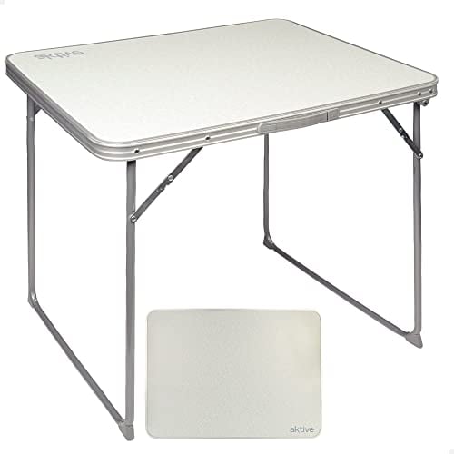 AKTIVE Mesa camping plegable, Mesa ligera, patas plegables, 80x60x70 cm, madera MDF, estructura de acero, color blanco, asa de transporte (52814)
