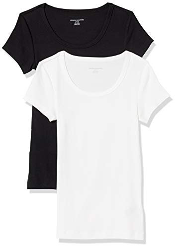 Amazon Essentials Women's Slim-Fit Cap-Sleeve Scoop Neck T-Shirt, Pack of 2, Black/White, L