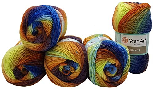 Ilkadim 5 x 100 g YarnArt Ambiance Strickwolle Mehrfarbig mit Farbverlauf, 500 Gramm Strickgarn mit 20% Wolle-Anteil (blau braun terrakotta u.a. 157)