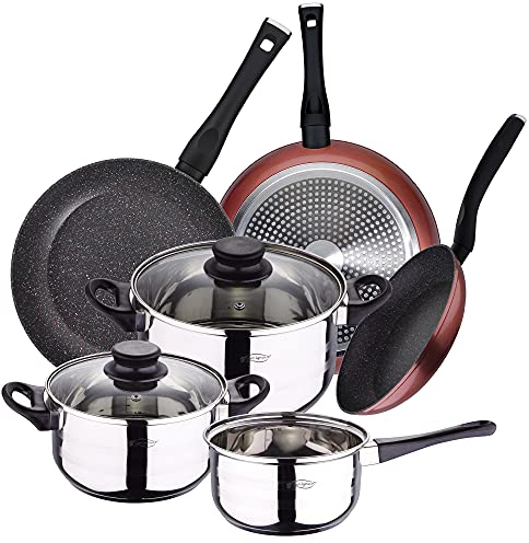 San Ignacio Batería de cocina 5 piezas acero inoxidable y set 3pcs sartenes Ø20/Ø24/Ø28, aluminio forjado, inducción