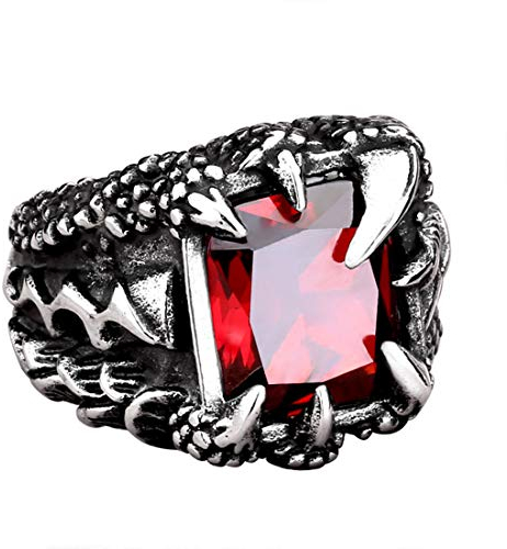 HIJONES Herren Gotisch Silber Drachenklaue 17MM Rubin Stein Ring aus Edelstahl Größe 65