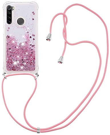 MRSTER Funda con Cuerda para Xiaomi Redmi Note 8, Bling Glitter Líquido Carcasa Moda Ajustable Collar Correa Protección Case para Xiaomi Redmi Note 8. LP Love Rose