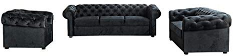 MOEBLO Wohnlandschaft 321 Chesterfield 3-Sitzer, 2-Sitzer und Sessel, Samtbezug Polstersofa Sofas Couch für Wohnzimmer Loungesofa Federkern Vintage Design Avia (Schwarz)